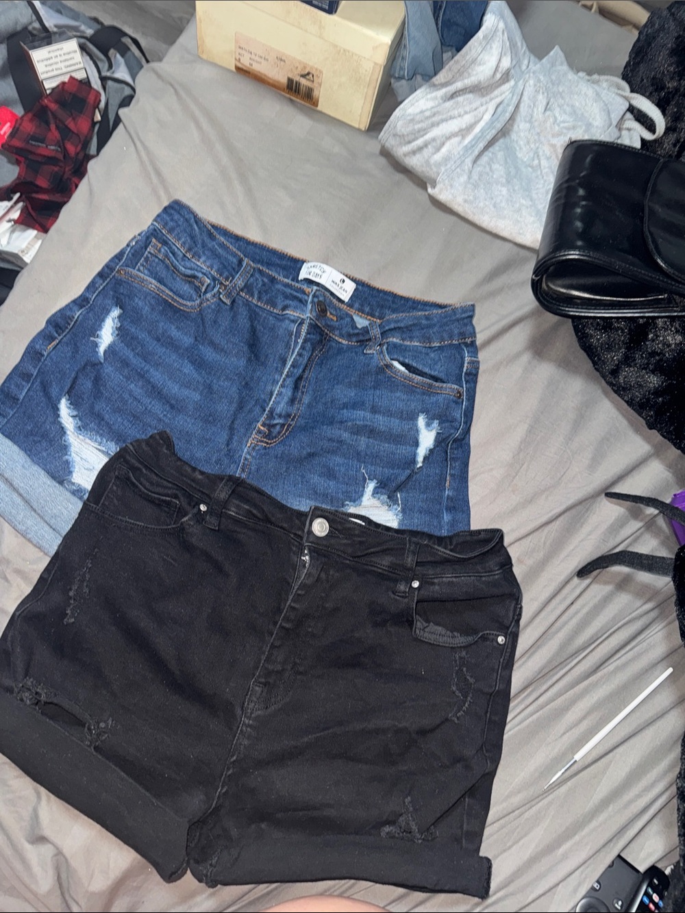 Denim Blue Distressed Jean Shorts + Black Rolled Hem Shorts wax jeans stretch